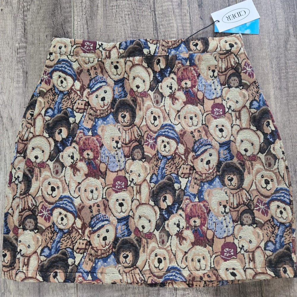Cider Teddy Bear Tapestry Mini Skirt Tan Blue Woven A-Line Size S NEW